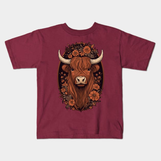 Shaggy Highland Cow Kids T-Shirt by Artsy Sharo